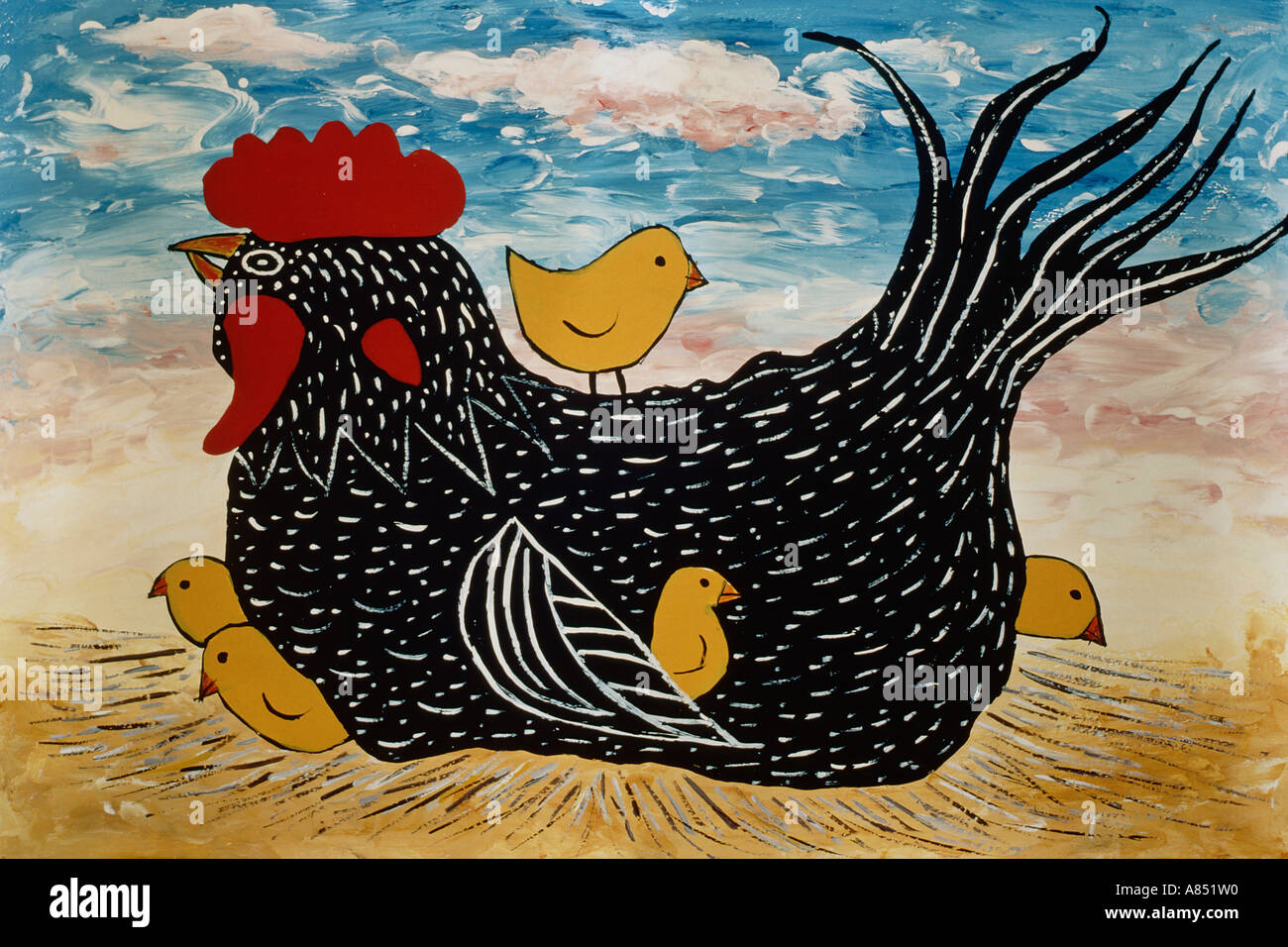 Illustrazione della pittura di pollo gallina con i pulcini di un giorno. Foto Stock