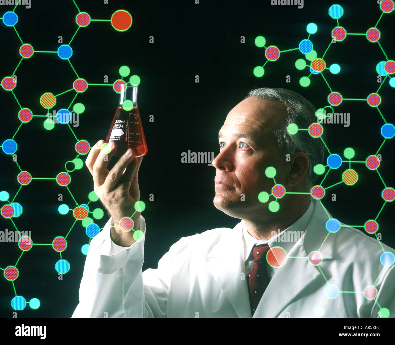 Medico di esaminare il contenuto del bicchiere incorniciato con medico illustrazioni abstract Foto Stock