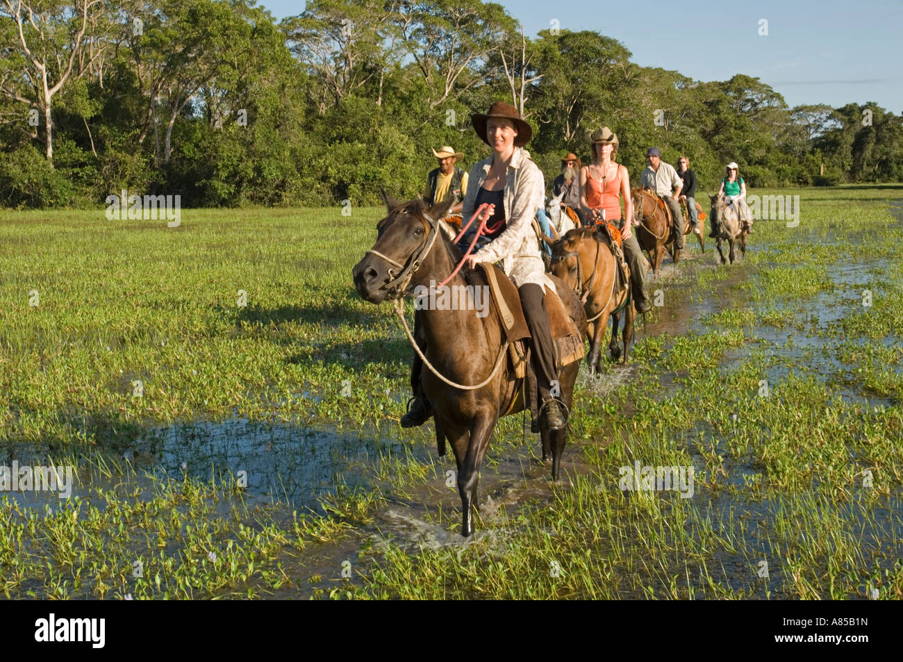 Un gruppo di turisti europei su una passeggiata a cavallo trek attraverso il Pantanal in Brasile. Foto Stock