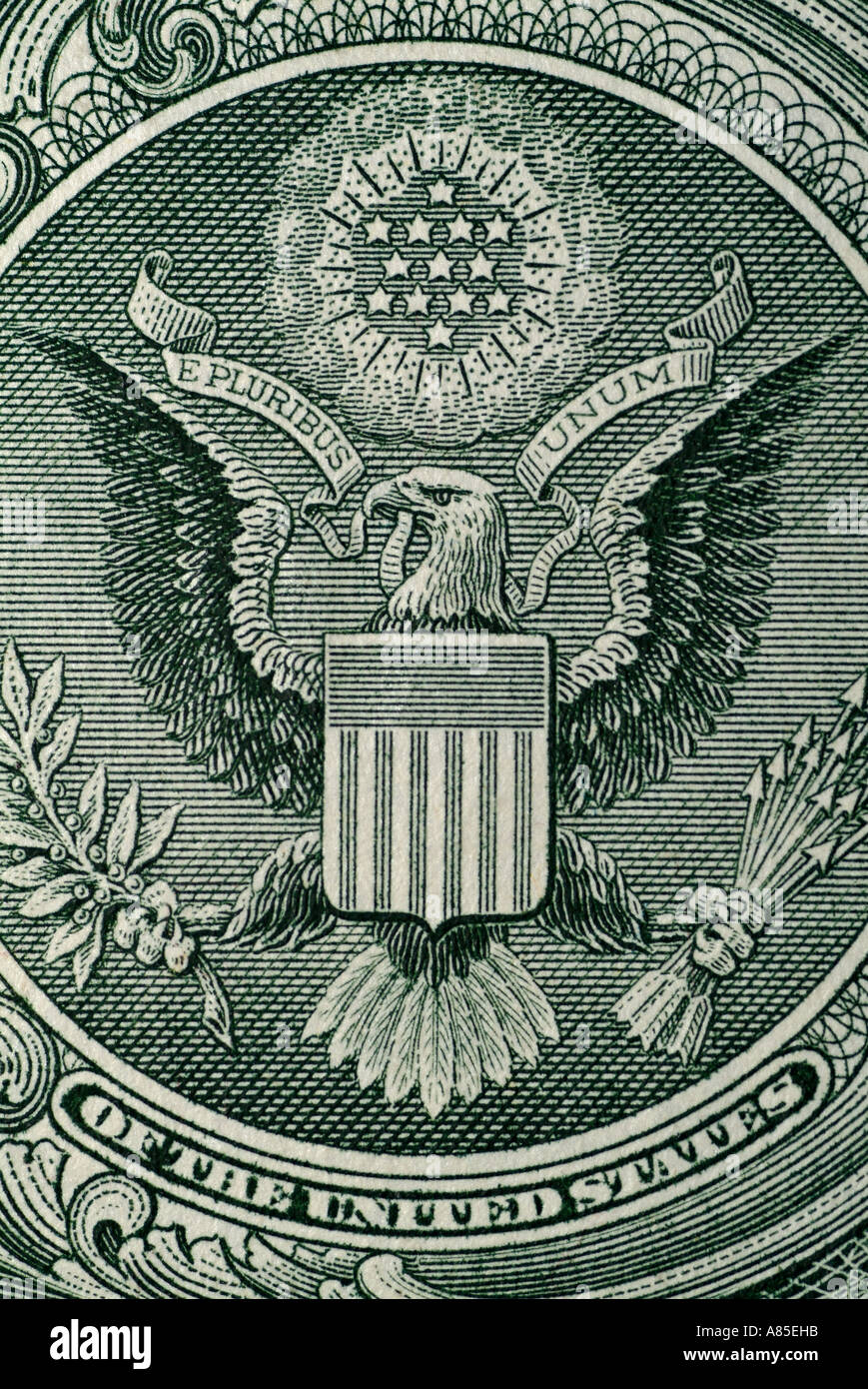 Abstract dal retro di un americano US Dollaro nota mostra il grande sigillo degli Stati Uniti d'America Foto Stock