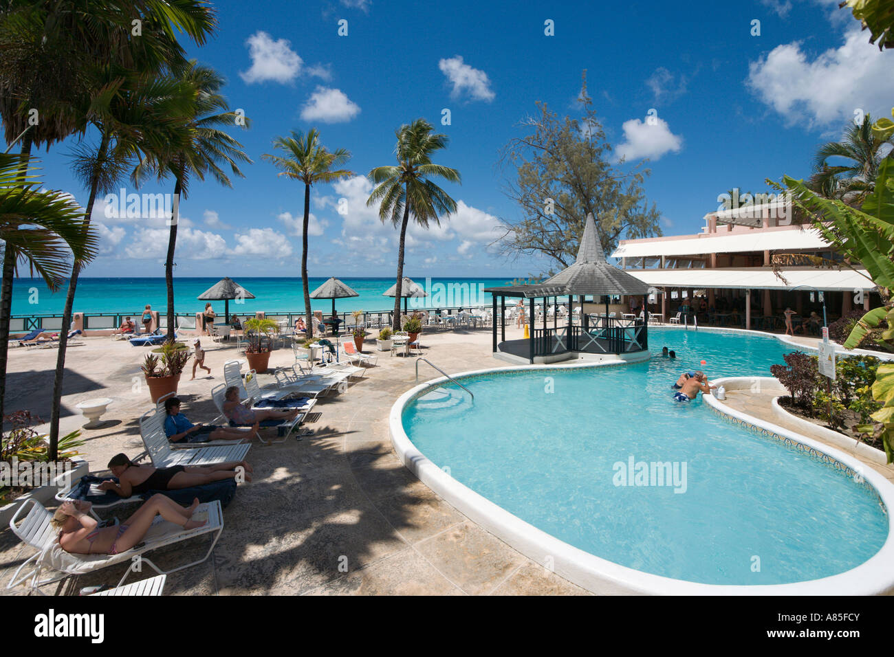 Barbados Beach Club, Maxwell, vicino a St Lawrence Gap, costa sud di Barbados, dei Caraibi Foto Stock