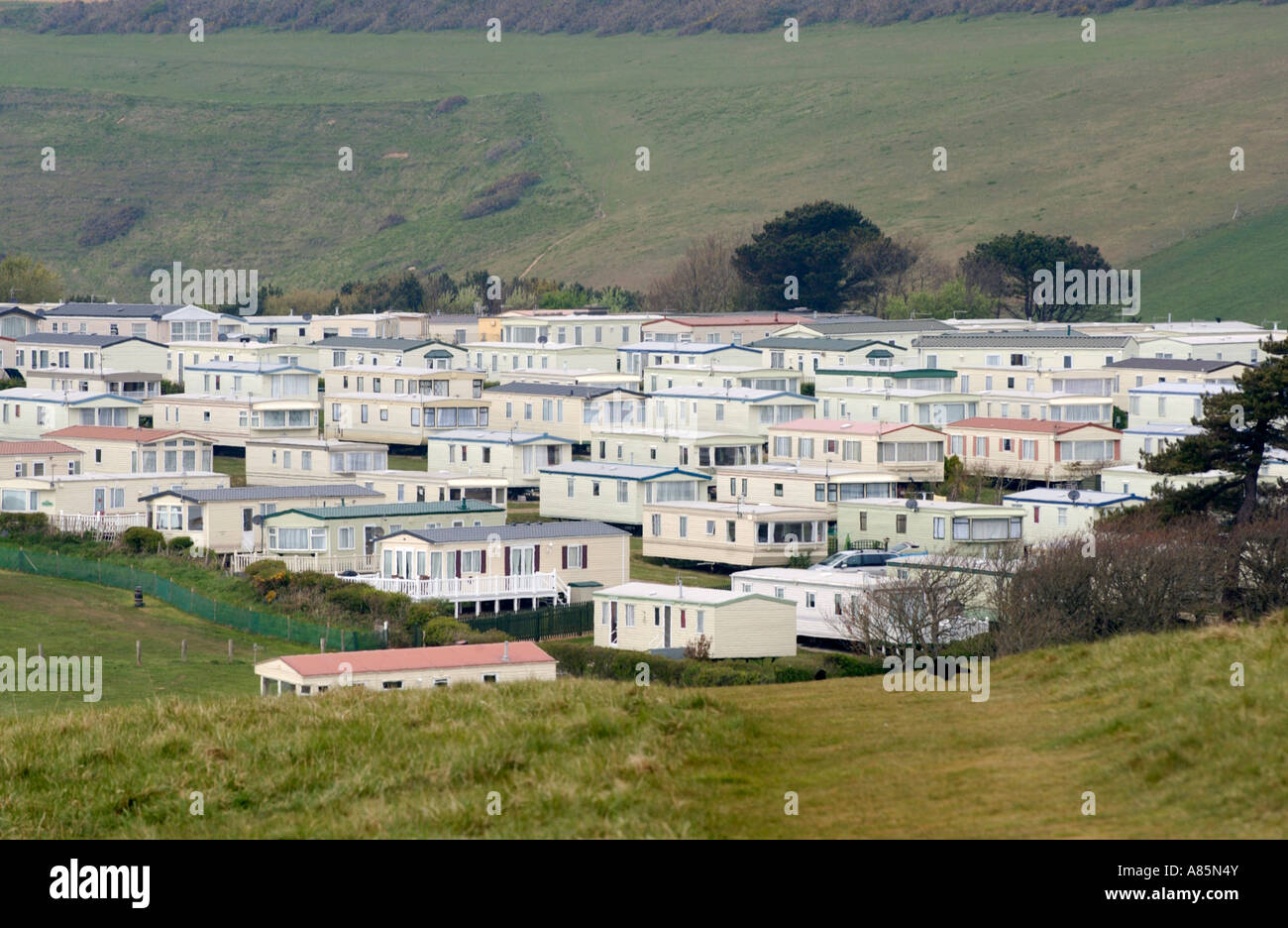 Static holiday caravan sito sopra porta Durdle Dorset England Regno Unito Foto Stock