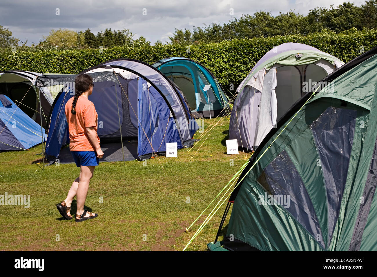 Futuro acquirente guardando le tende nel camping visualizzare Wales UK Foto Stock