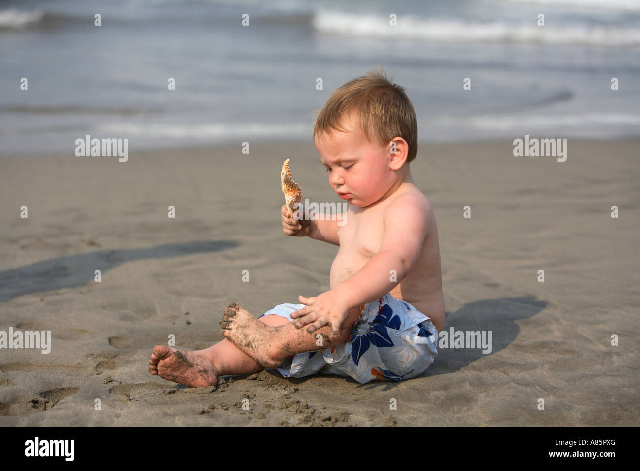Un anno vecchio ragazzo seduto sulla spiaggia tenendo una stella di mare Foto Stock