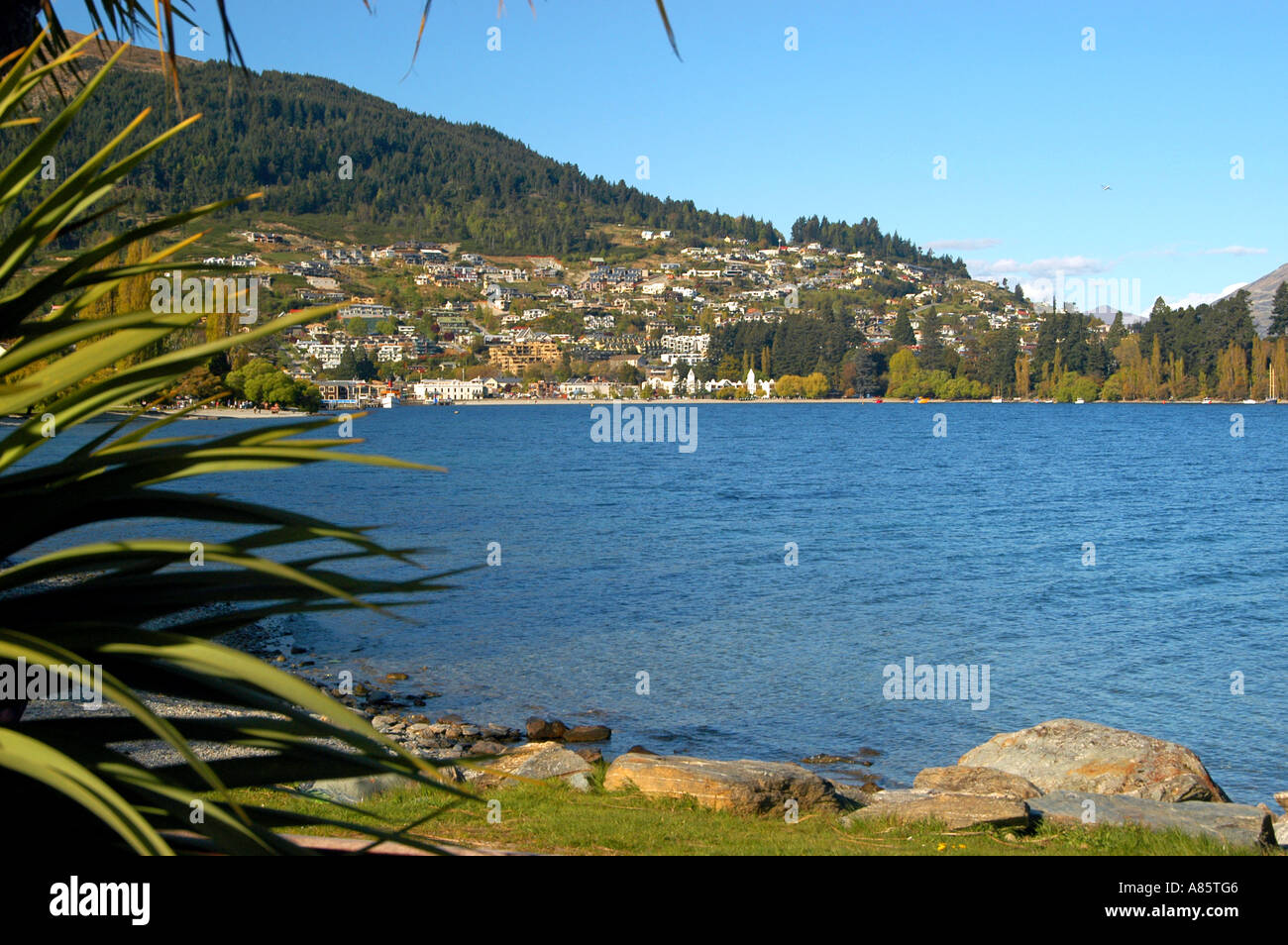 Vista del lago Wakatipu a Queenstown, Nuova Zelanda sotto il sole Foto Stock