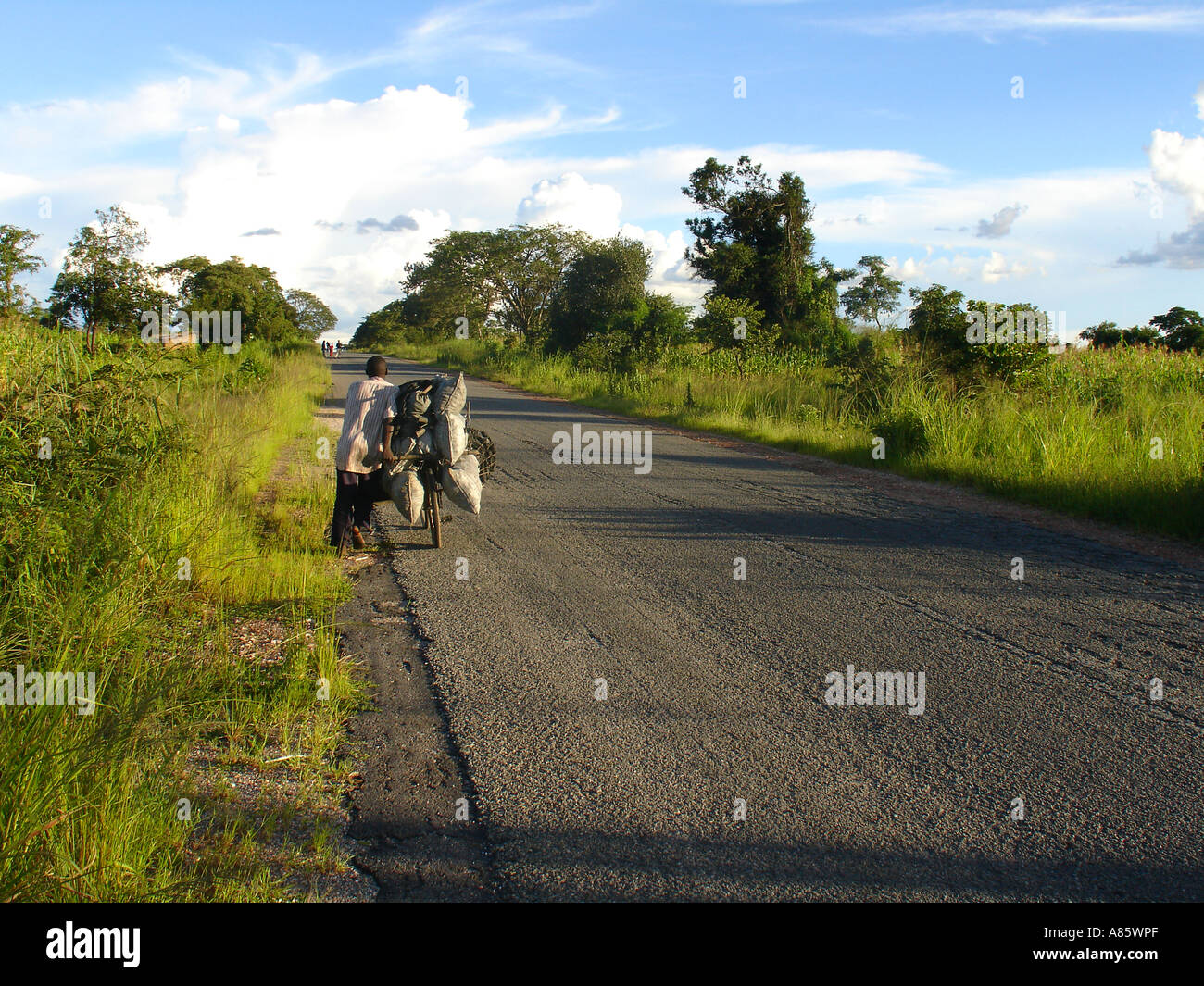 Nero africano guy spingendo una moto caricata con carbone sacchi sul lato di vuoto strada asfaltata nel Copperbelt provincia dello Zambia, Sud Africa Foto Stock