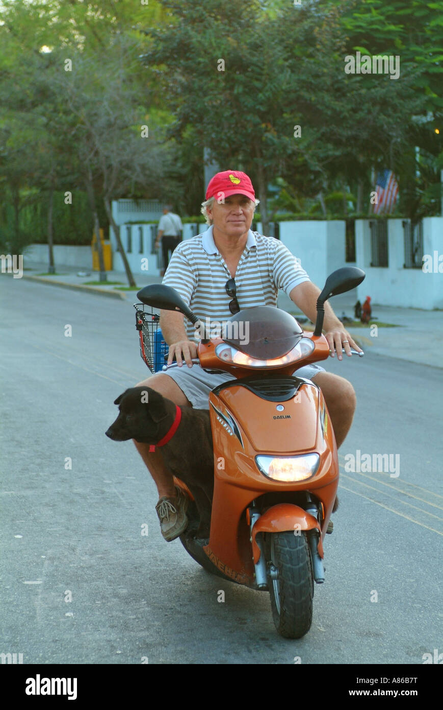 Un uomo che cavalca il suo scooter giù per la strada con un cane nero ai suoi piedi Foto Stock