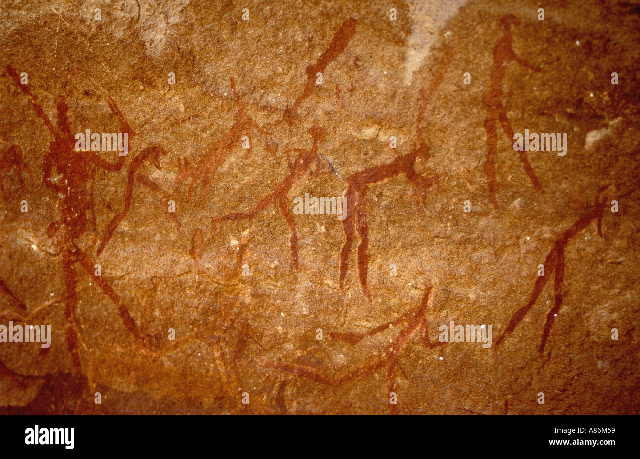 I Boscimani o San dipinti nelle montagne Cederberg Western Cape Sud Africa queste raffigurano figure umane e un cane Foto Stock