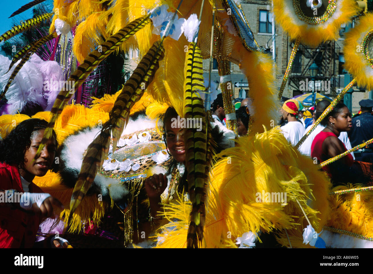 Brooklynites in pieno il carnevale regalia per i Caraibi annuale parata del giorno Foto Stock