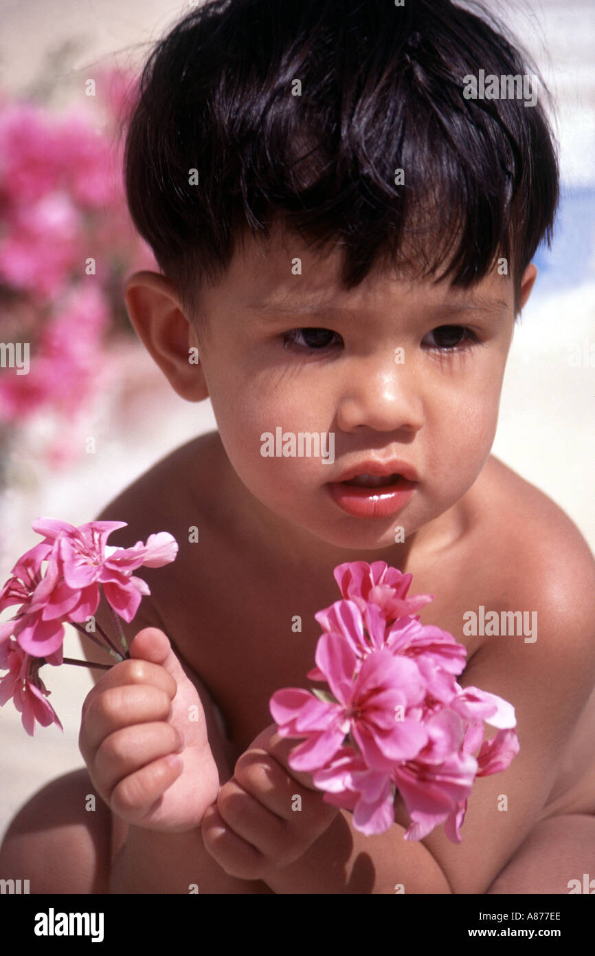 Un ragazzo giovane 2 3 anno vecchio americano asiatico azienda hawaiana rosa fiori di geranio nelle sue mani mentre rannicchiato guardando lontano i capelli neri fiore luce solare POV Foto Stock