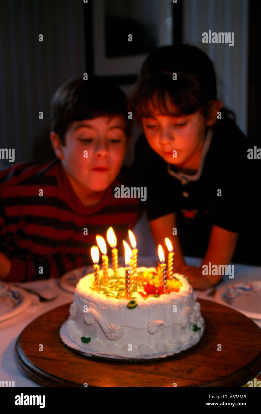 Fratello e Sorella e soffiando le candeline sulla torta di compleanno Foto  stock - Alamy
