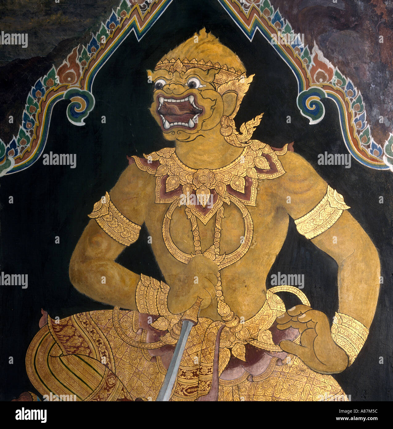 Dettaglio del murale di Hor Phra Naga, il Grand Palace, Bangkok, Thailandia Foto Stock