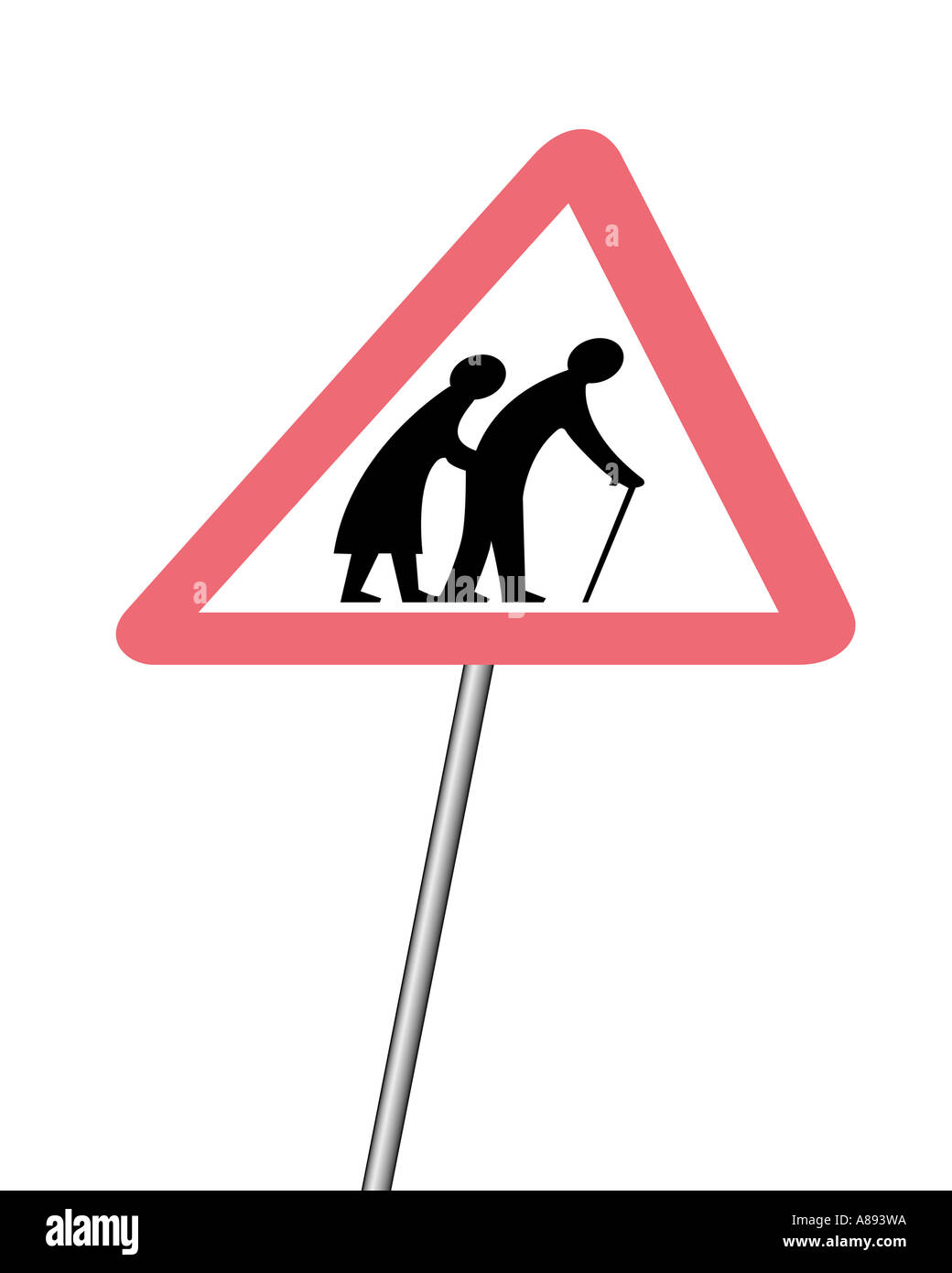 Elderley persone attraversando cartello stradale su sfondo bianco Foto Stock