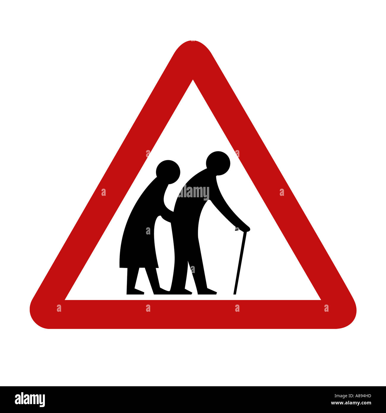Elderley persone attraversando cartello stradale su sfondo bianco Foto Stock