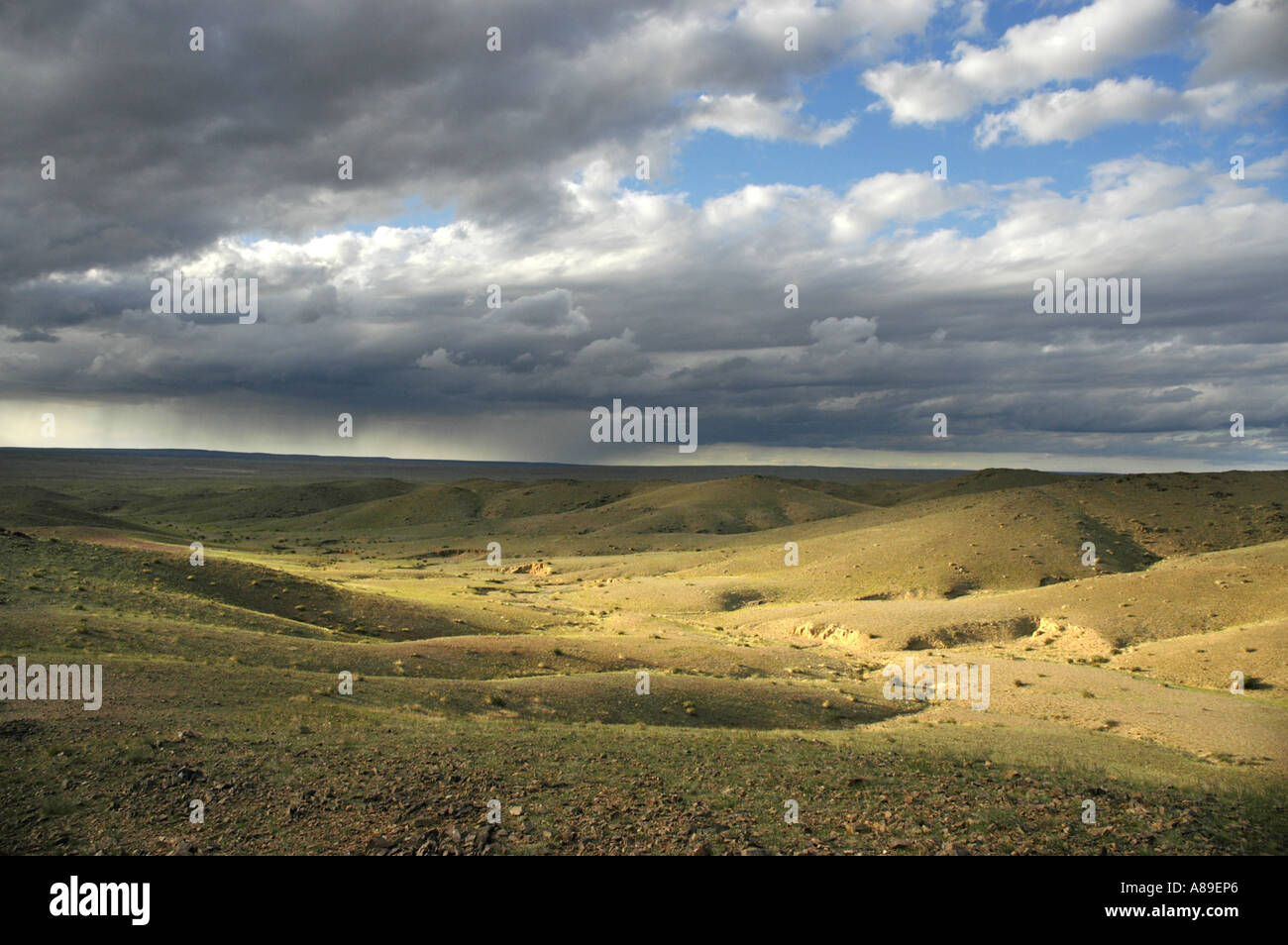 Vasta steppa paesaggio con sfumature di nuvole vicino monastero Ongiyn Mongolia Foto Stock