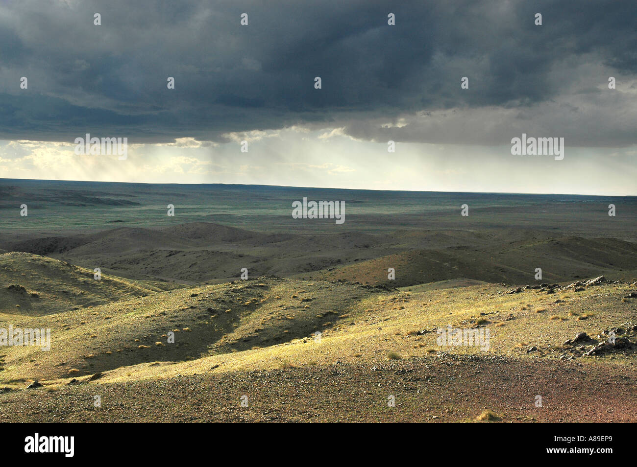 Vasta steppa paesaggio con nuvole scure vicino monastero Ongiyn Mongolia Foto Stock