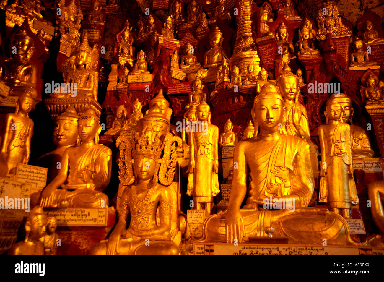 Molti Golden Statue di Buddha nella grotta di Pindaya Stato Shan Birmania Foto Stock