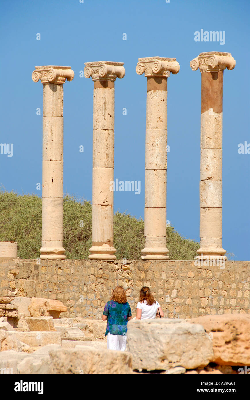 Quattro colonne con capitello ionico Leptis Magna Libia Foto Stock