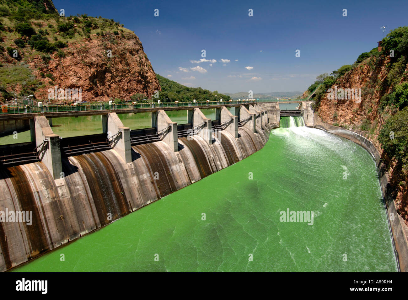 La diga Hartbeespoort canale di bypass nel Sud Africa nord ovest della provincia. L'acqua è verde a causa di alghe. Foto Stock