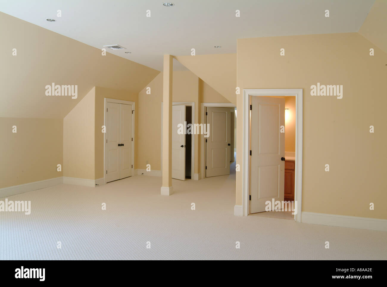 Molte porte da scegliere nella stanza vuota Foto Stock
