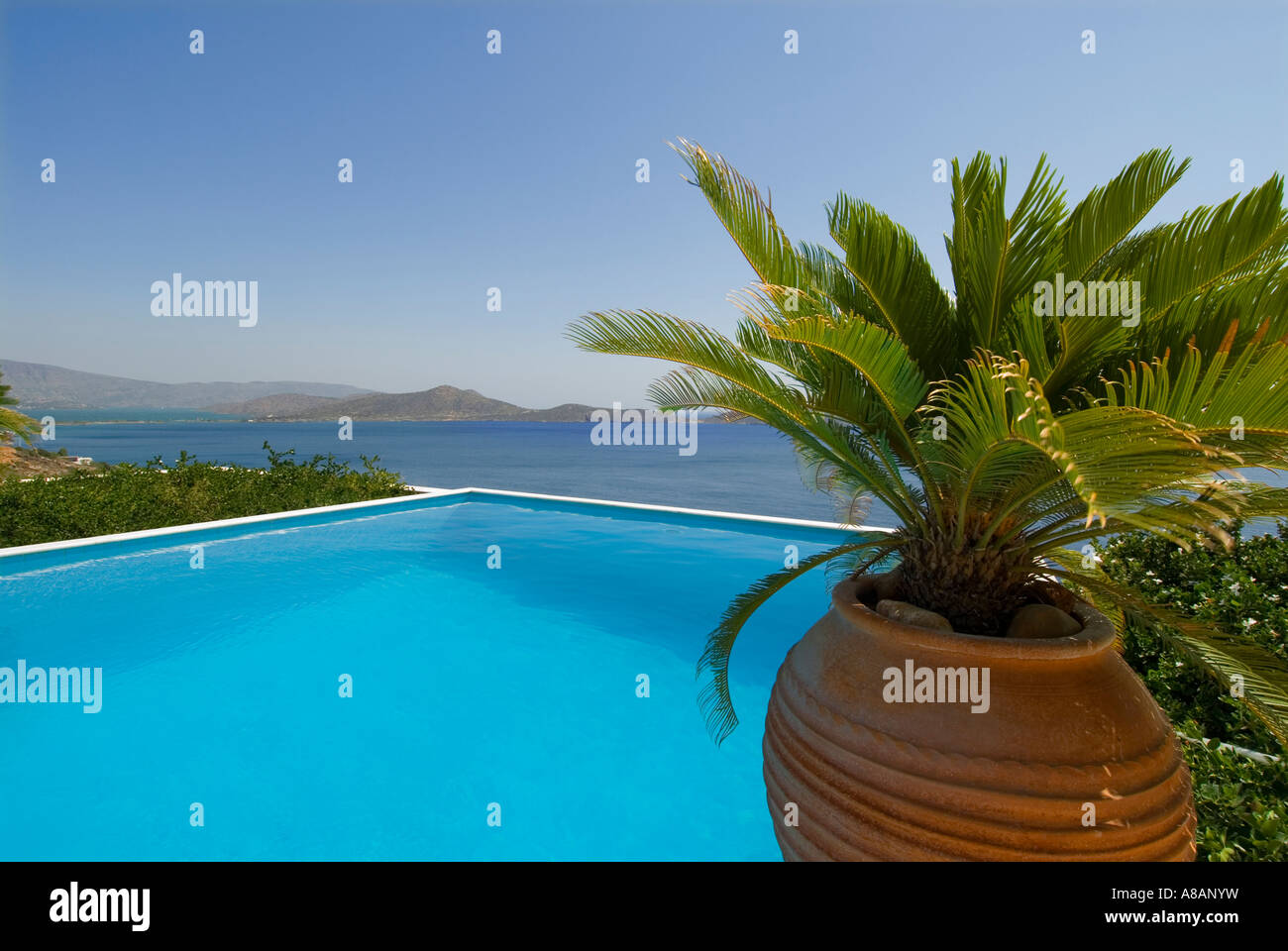 Il lusso piscina infinity affacciata sul Mar Egeo con palm e tipici grecian urn Foto Stock