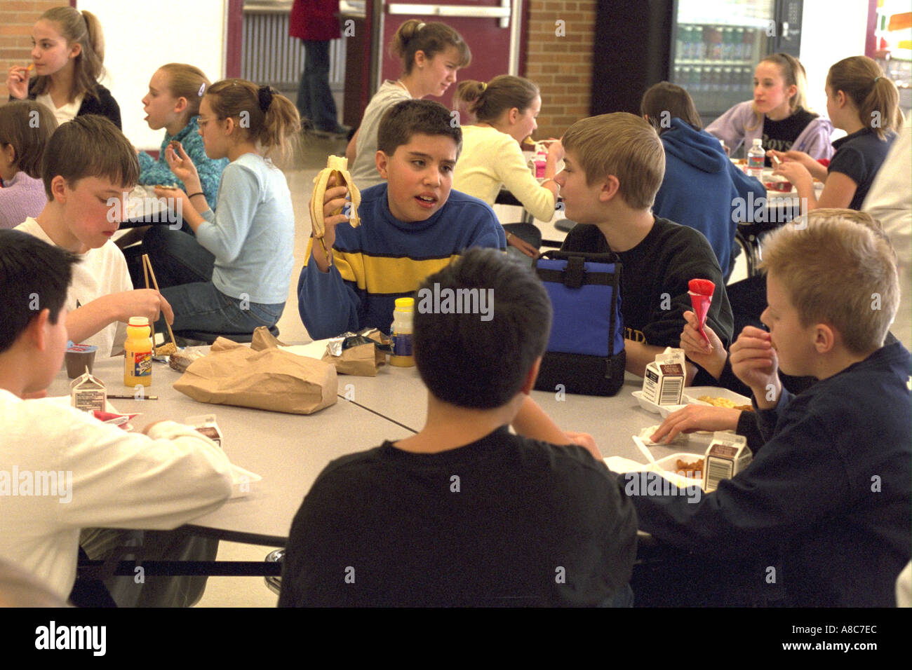 Ragazzi e ragazze per mangiare in tabelle separate in mensa scolastica età 14. Golden Valley Minnesota USA Foto Stock