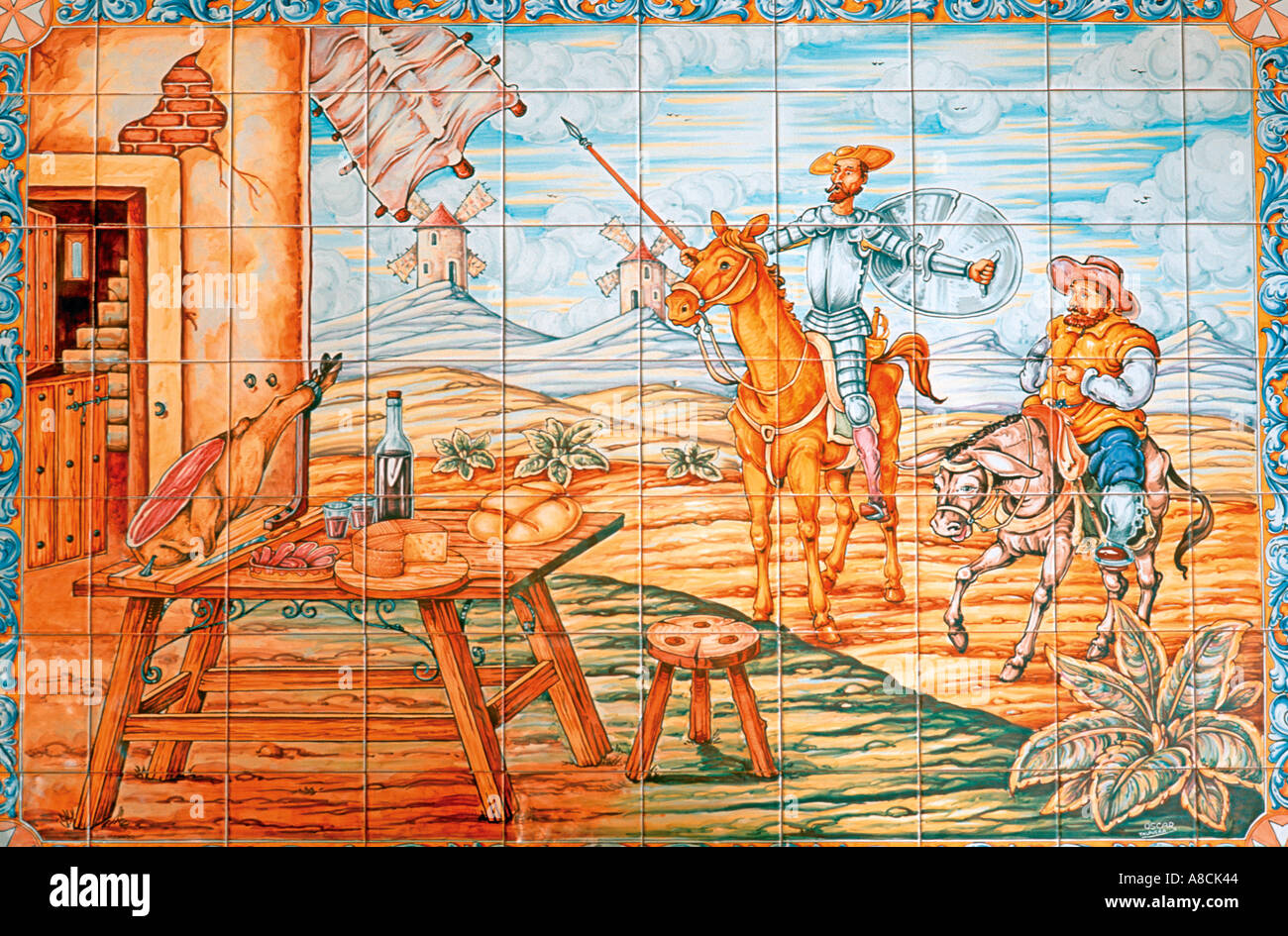 La pittura di piastrelle con scene del libro Don Quijote de la Mancha Cafetaria El Mirador de la Mancha Templeque Castilla La Mancha Foto Stock