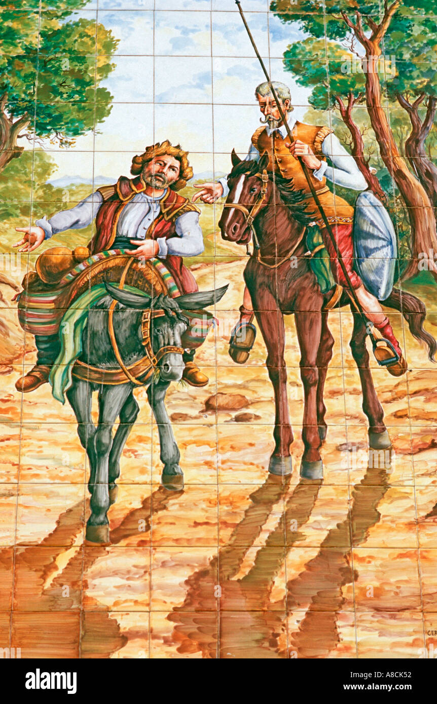 La pittura di piastrelle con Don Chisciotte e Sancho Panza muro di casa di El Toboso La Mancha Spagna Europa Foto Stock