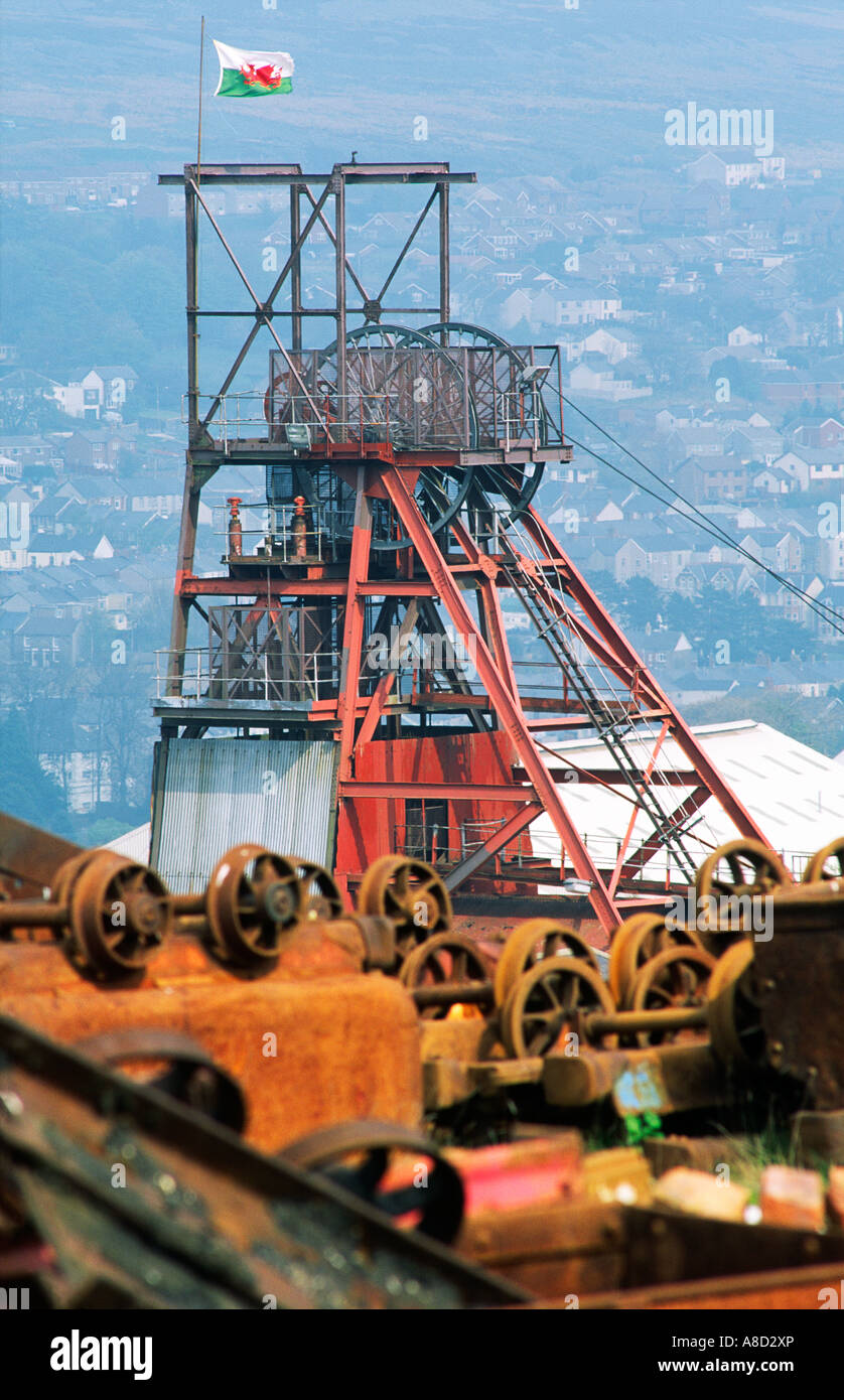 Pit testa ingranaggio di avvolgimento delle conserve di Big Pit miniera di carbone nel Gwent, South Wales, sito del patrimonio mondiale comune di Blaenavon Foto Stock