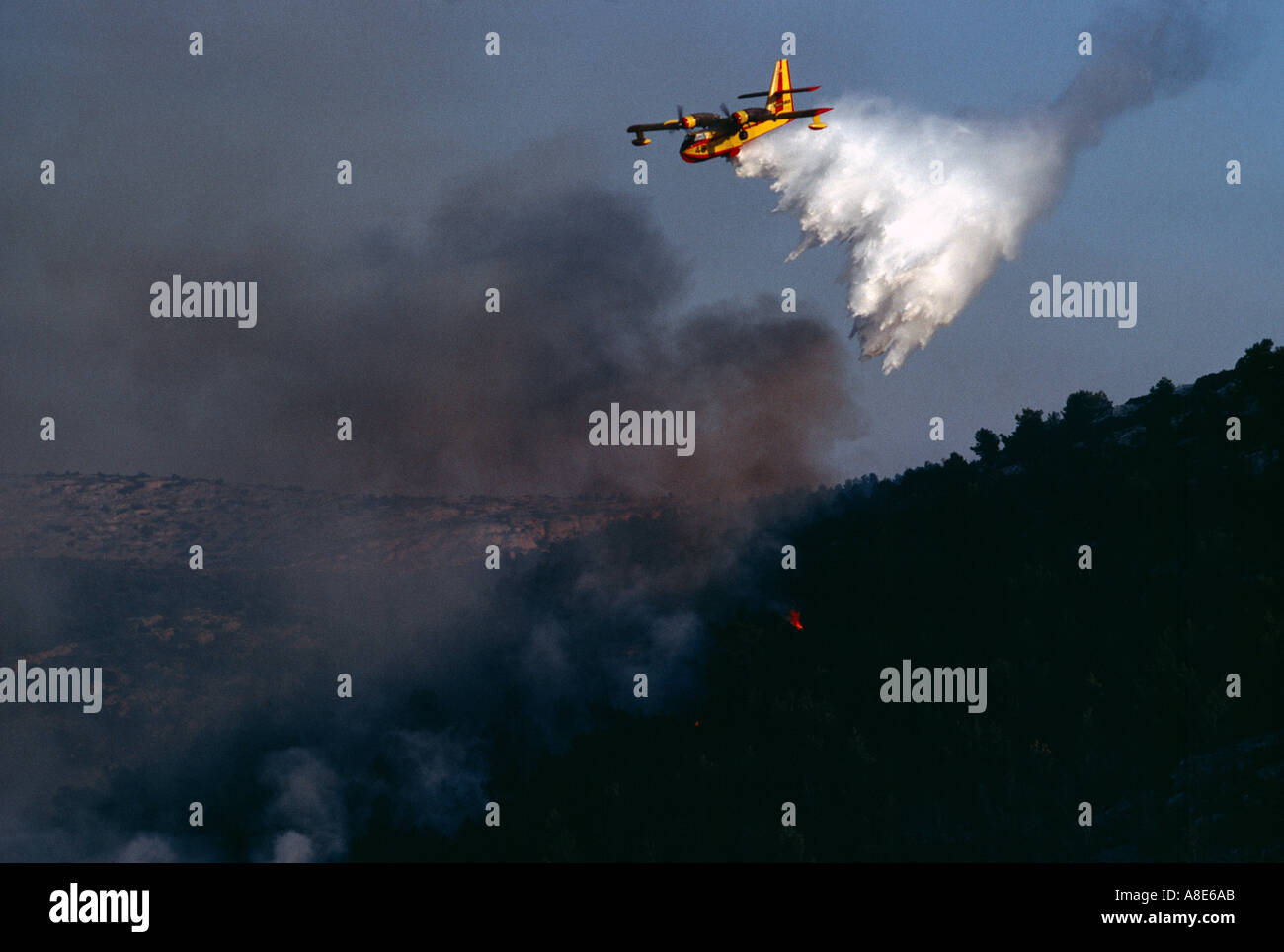 Vista aerea di un Canadair idrica antincendio aereo bombardiere spegnimento acqua su un wildfire, foresta incendio fumo, tramonto, Provenza, Francia, Europa Foto Stock