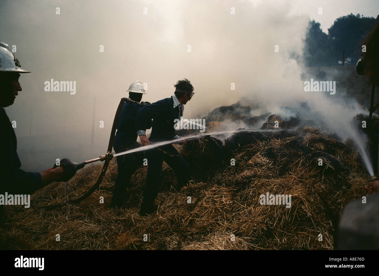 I vigili del fuoco e agricoltore combattendo contro un wildfire, manichette da incendio, foresta incendio fumo, vicino a Avignon Vaucluse Provence, Francia, Europa Foto Stock