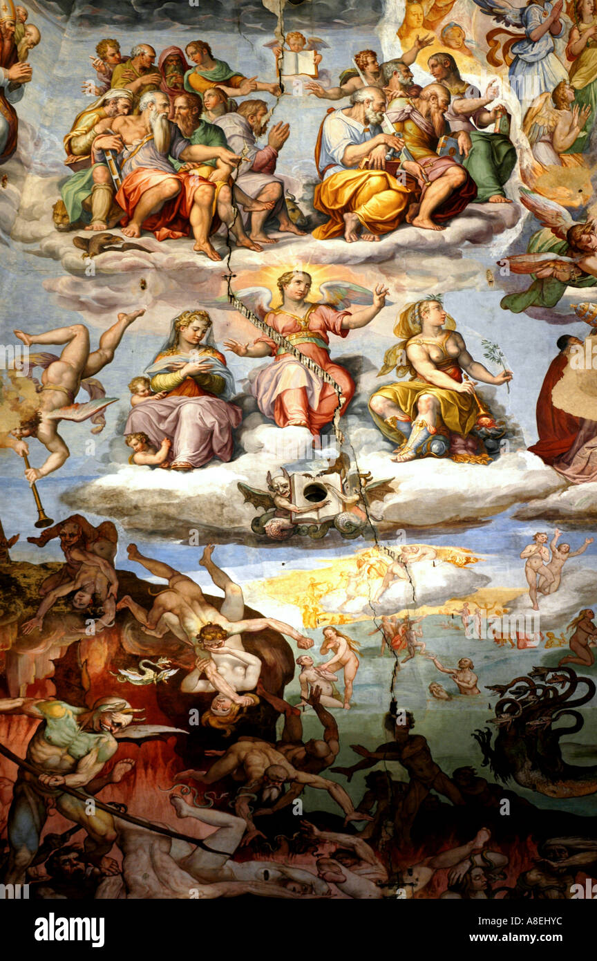 Dipinti ad affresco ultima sentenza da Giorgio Vasari, all'interno della cupola del Duomo di Santa Maria del Fiore). Firenze,Toscana. Italia Foto Stock