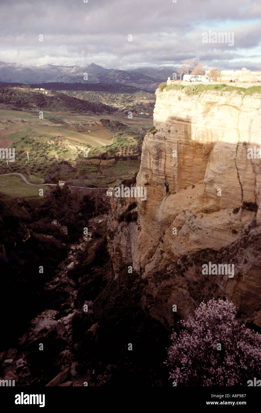 Città di Ronda Spagna con case arroccato sulla scogliera i lati. Foto Stock