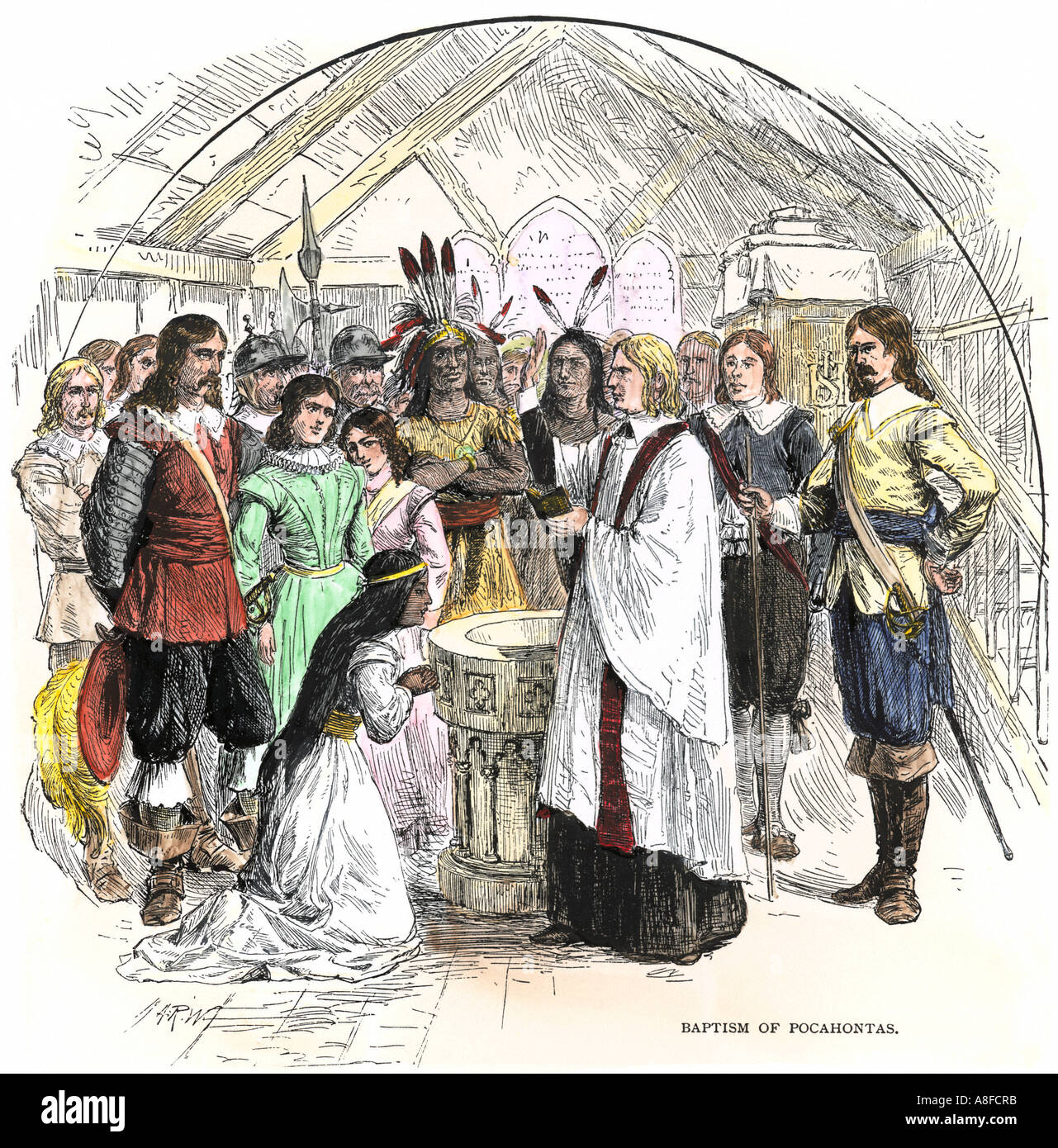 Battesimo di Pocahontas come un Cristiano, Virginia Colony. Colorate a mano la xilografia Foto Stock