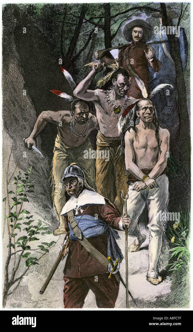 Narragansett leader indiano Miantonomoh ucciso da Uncas Mohegan leader in New England 1643. Colorate a mano l'incisione Foto Stock