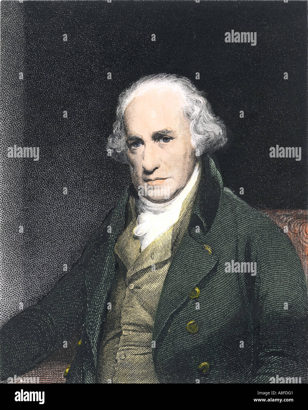James Watt inventore del motore a vapore miglioramenti. Colorate a mano l'incisione Foto Stock
