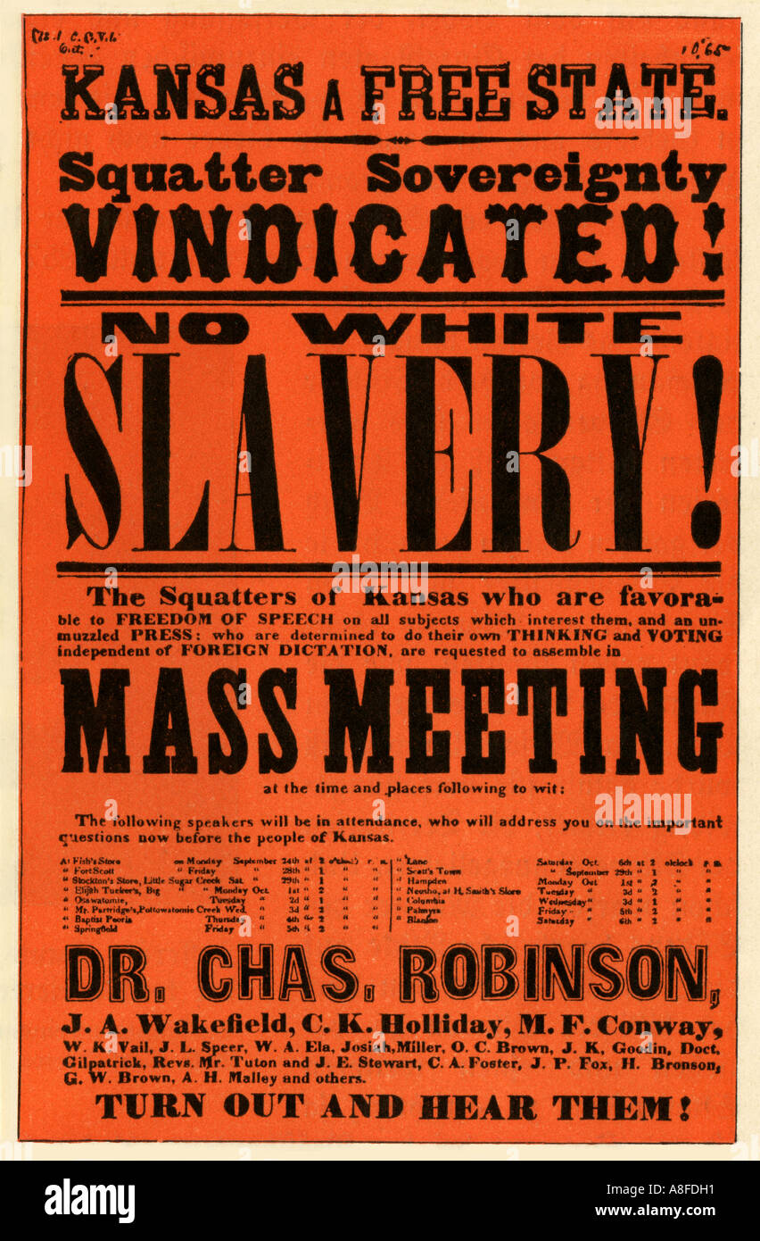 Poster per rally Kansas homesteaders dietro pro schiavitù governatore Charles Robinson durante lo spurgo Kansas conflitto 1850. Litografia a colori Foto Stock