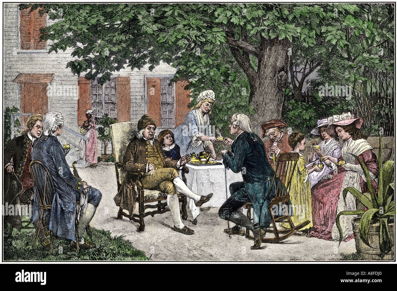Ben Franklin Alexander Hamilton e altri discutere la definizione della nuova Costituzione degli Stati Uniti in Philadelphia 1787. Colorate a mano la xilografia Foto Stock