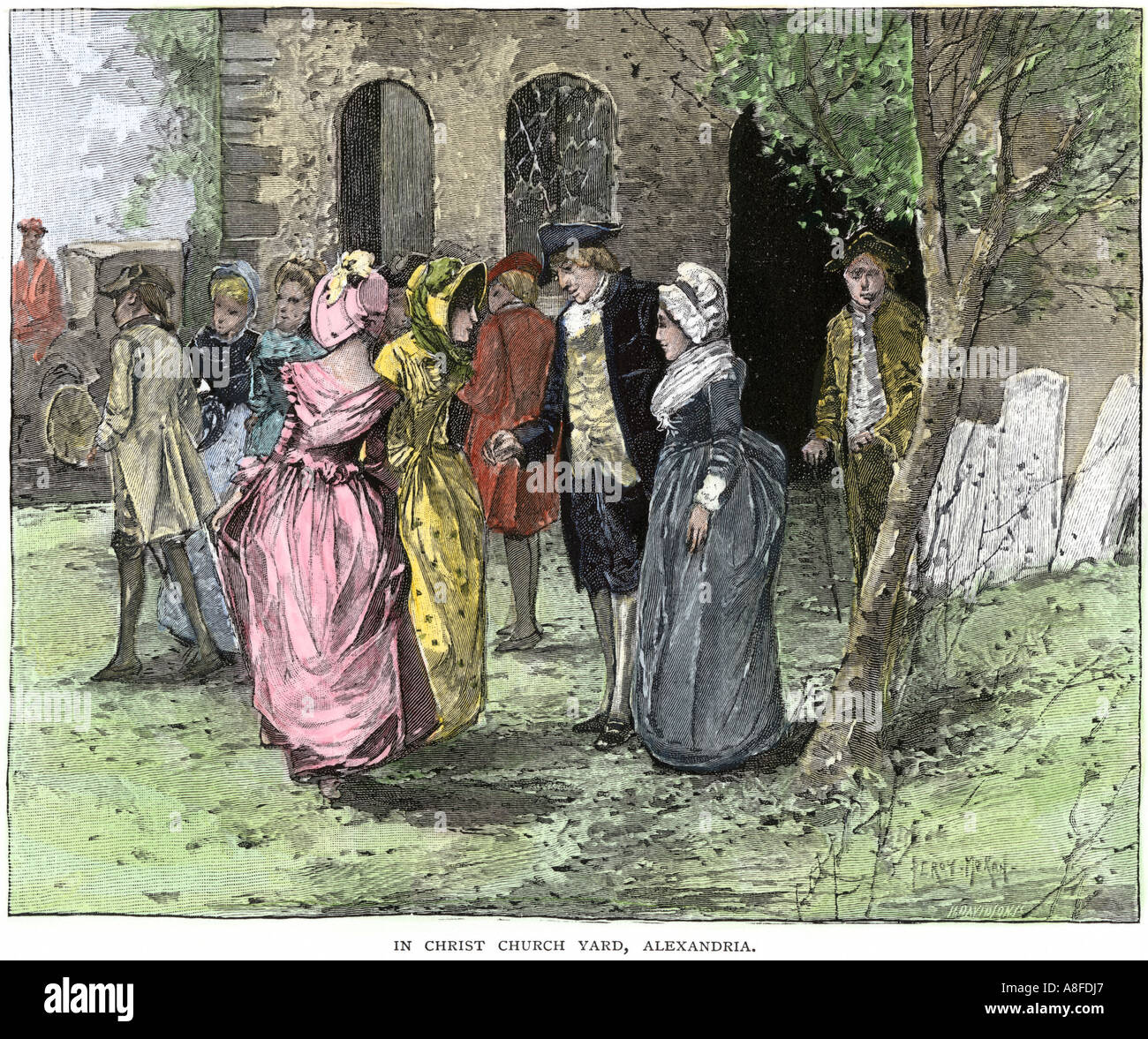 Virginians coloniale dopo servizi presso la Chiesa di Cristo in Alexandria in Virginia 1700s. Colorate a mano la xilografia Foto Stock