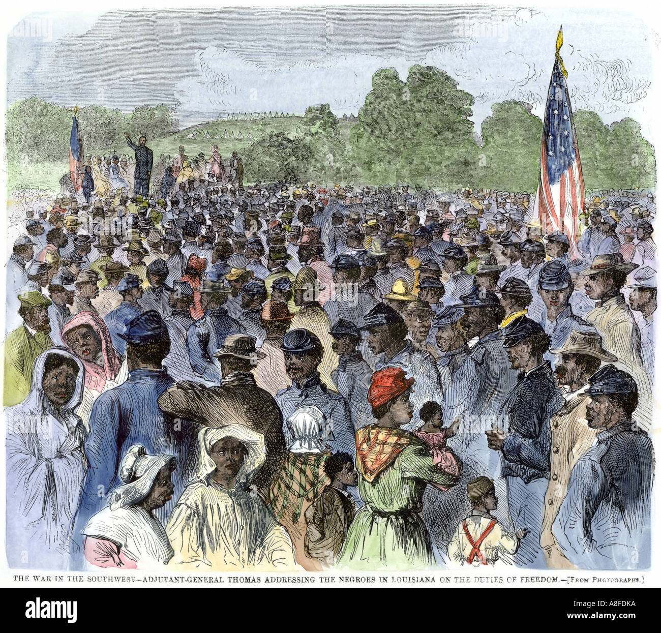 US Army officer spiega i doveri della libertà di ex schiavi in Louisiana dopo il Proclama di emancipazione 1863. Colorate a mano la xilografia Foto Stock