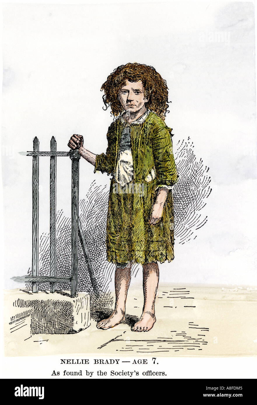 Nellie Brady 7 anni trovato da solo per le strade di New York da parte dei bambini s società aiuto 1890s. Colorate a mano la xilografia Foto Stock