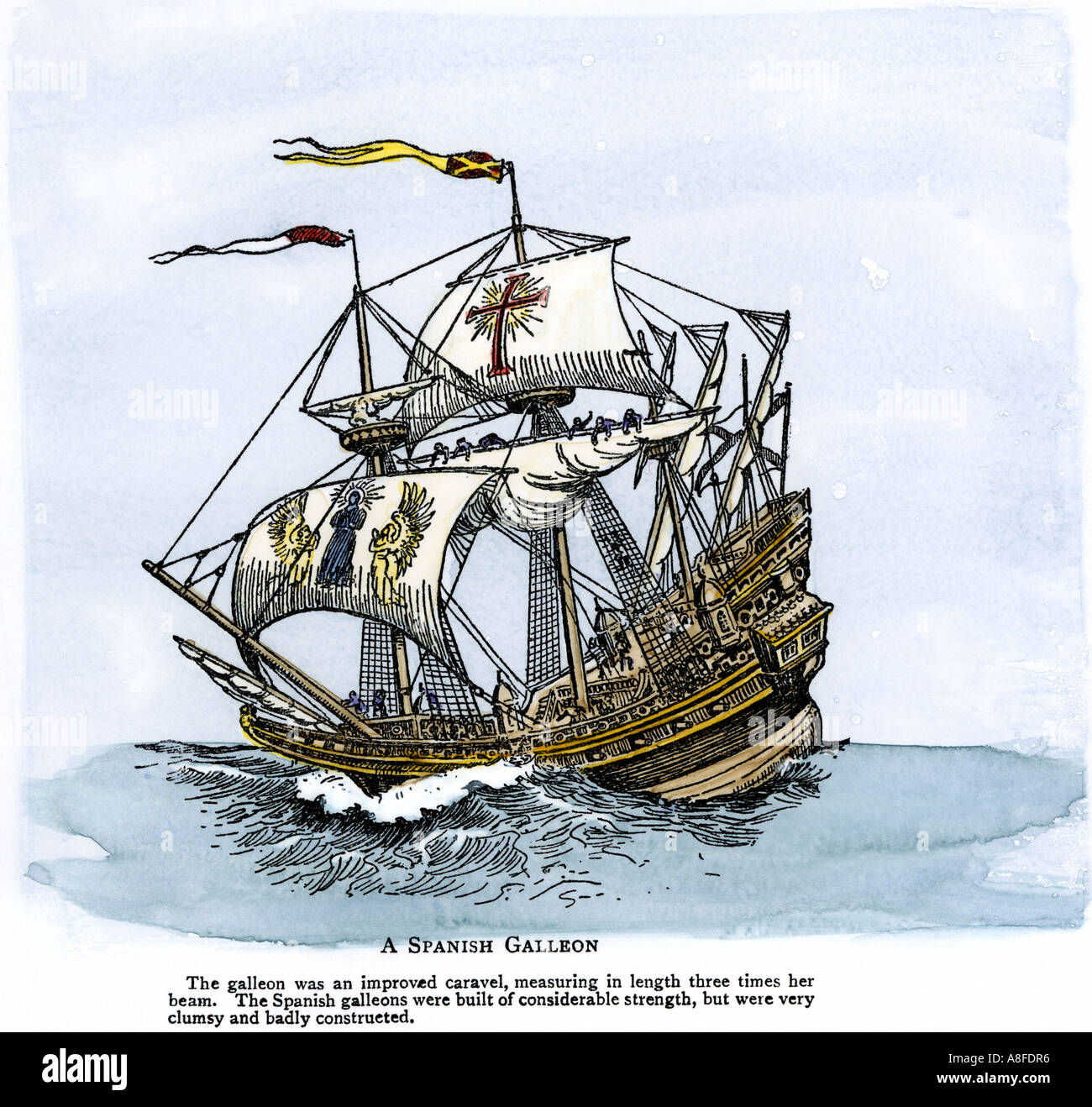 Galeone Spagnolo un migliorato caravel la sua lunghezza tre volte la sua larghezza navigato nel 1500s e 1600s. Colorate a mano la xilografia Foto Stock