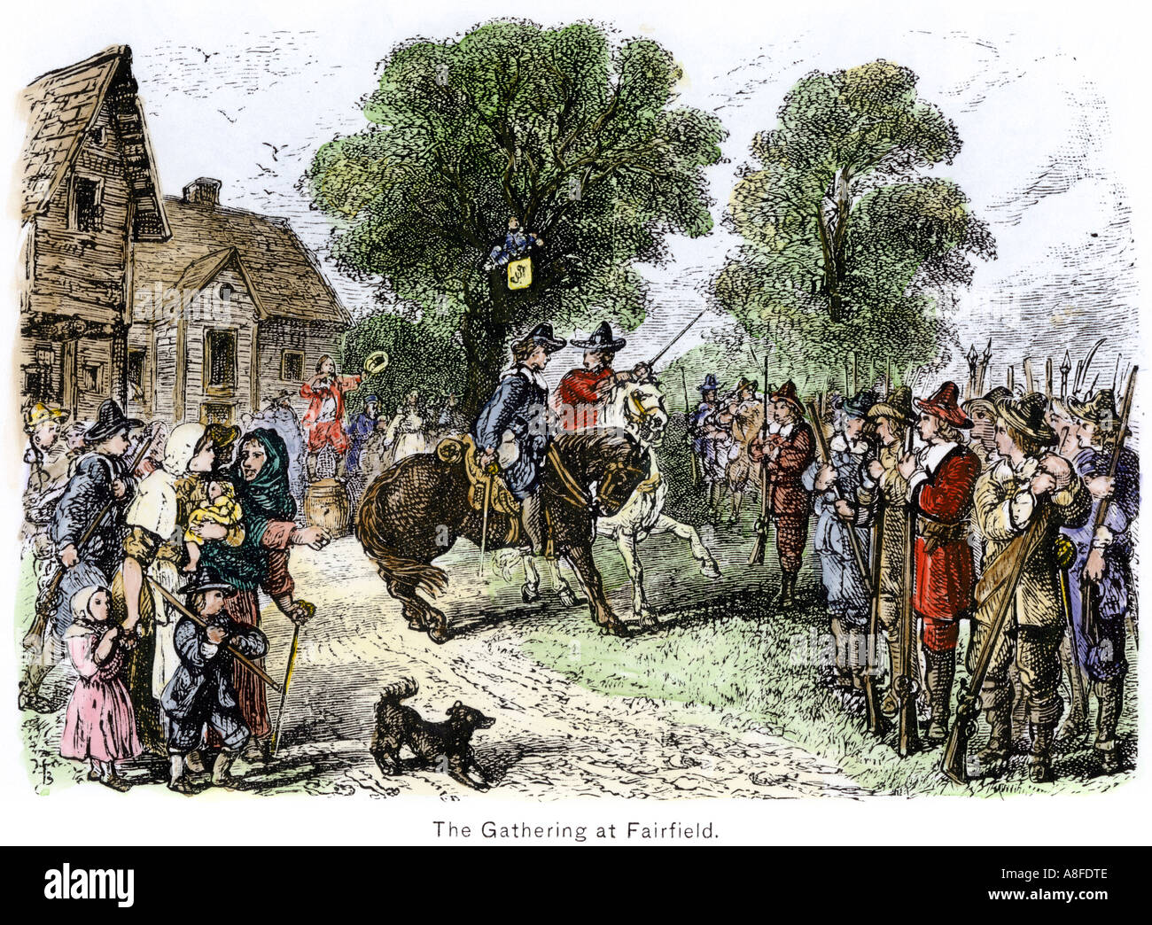 La raccolta dei coloni di Fairfield Connecticut durante la guerra Pequot. Colorate a mano la xilografia Foto Stock