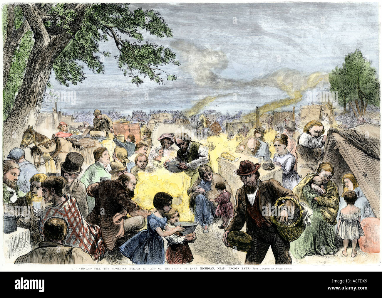 Il camp per Chicago Fire vittime sul Lago Michigan shore vicino al Lincoln Park 1871. Colorate a mano la xilografia Foto Stock