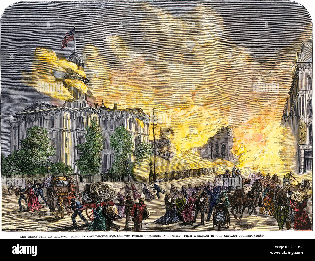 Courthouse Square travolto in fiamme durante il Chicago Fire 1871. Colorate a mano la xilografia Foto Stock