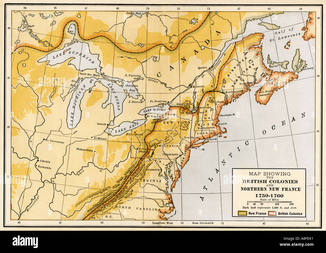 Mappa che mostra britannica e francese North American colonie durante la guerra di indiano e francese 1750s. Litografia a colori Foto Stock