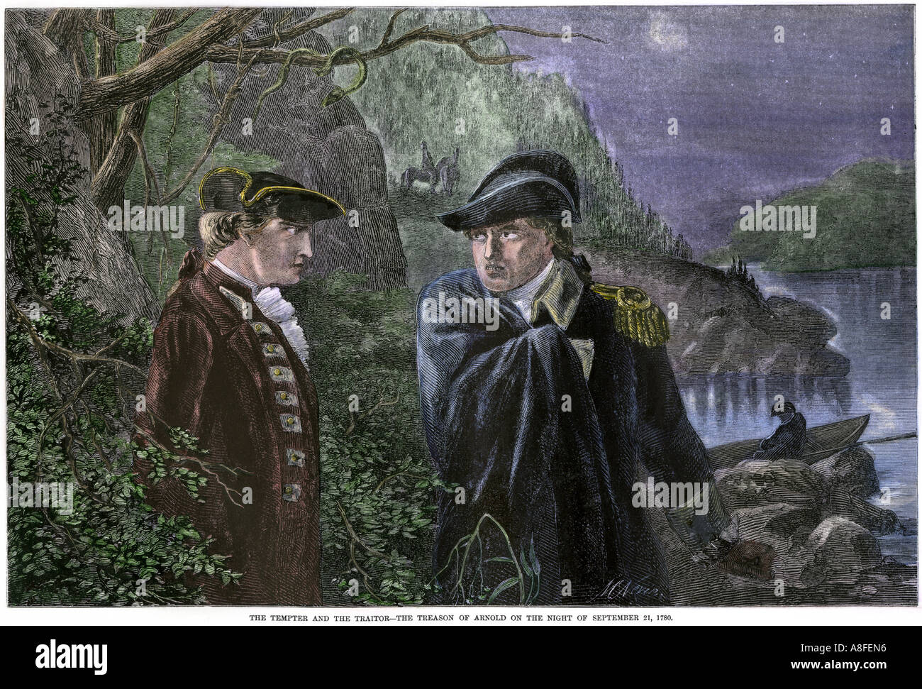 Benedict Arnold commettere tradimento e promette di offrire il punto ad ovest per il British 1780. Colorate a mano la xilografia Foto Stock