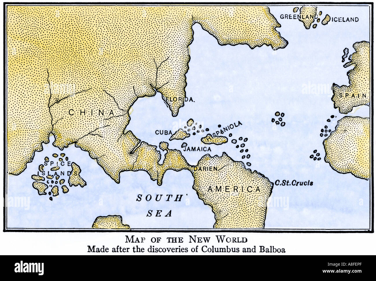 Nuova mappa del mondo che mostra il Sud America attaccata in Asia come assunta dopo le scoperte di Colombo e Balboa. Colorate a mano la xilografia Foto Stock