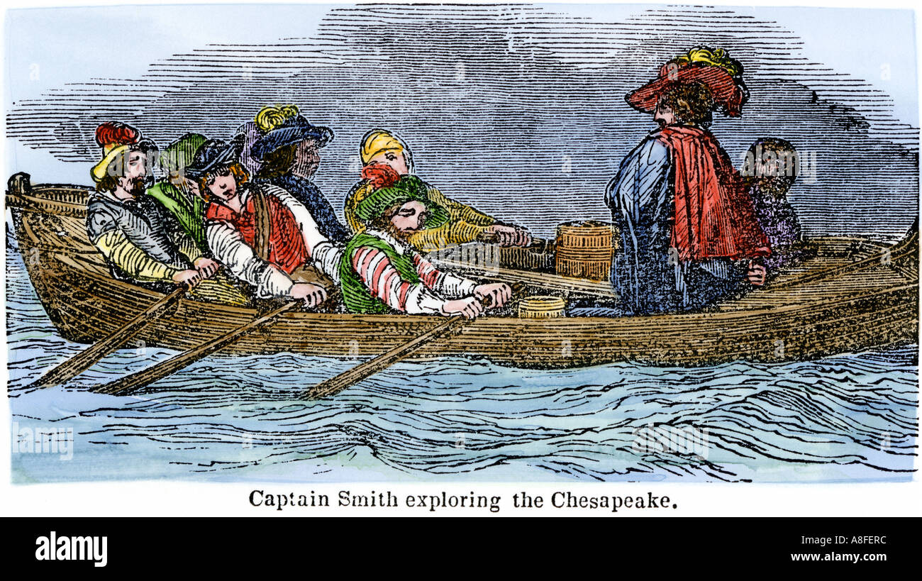 Il capitano John Smith ad esplorare la baia di Chesapeake regione nei primi 1600s. Colorate a mano la xilografia Foto Stock