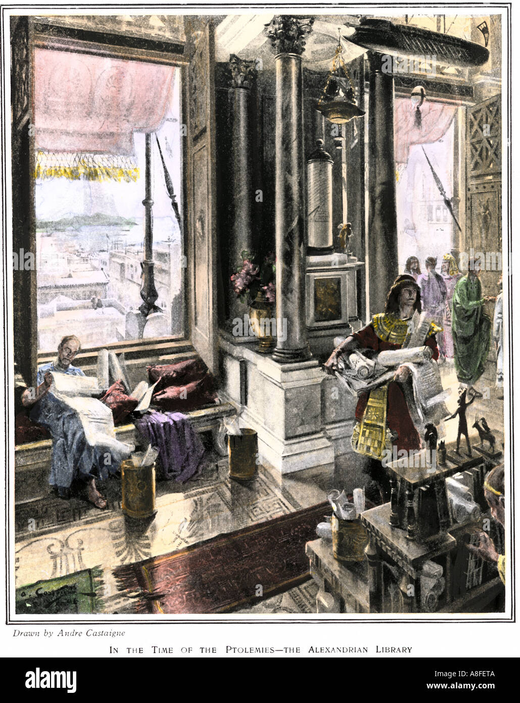 Gli studiosi utilizzando la grande biblioteca di Alessandria d'Egitto circa 200 BC. Colorate a mano di mezzitoni una illustrazione Foto Stock